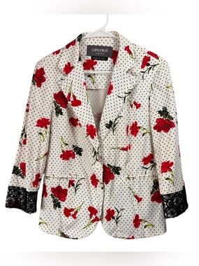 Camomilla Italia Size 44 Small Blazer Jacket Red Roses Polka Dot Lace Trim Retro